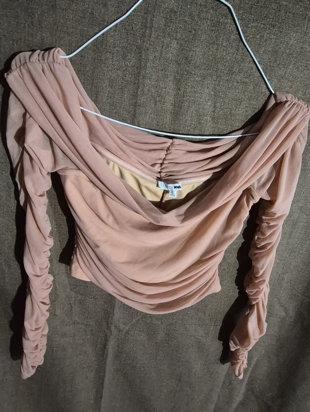 Fashion Nova Ruched Off-The-Shoulder Mesh Crop Top Blush Peach/soft Pink Size L
